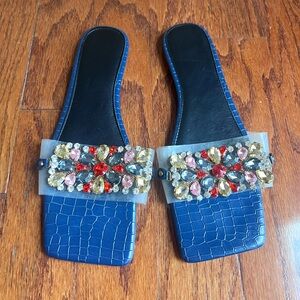 Embellished Blue Slide Sandals with Multicolor Gem Accents